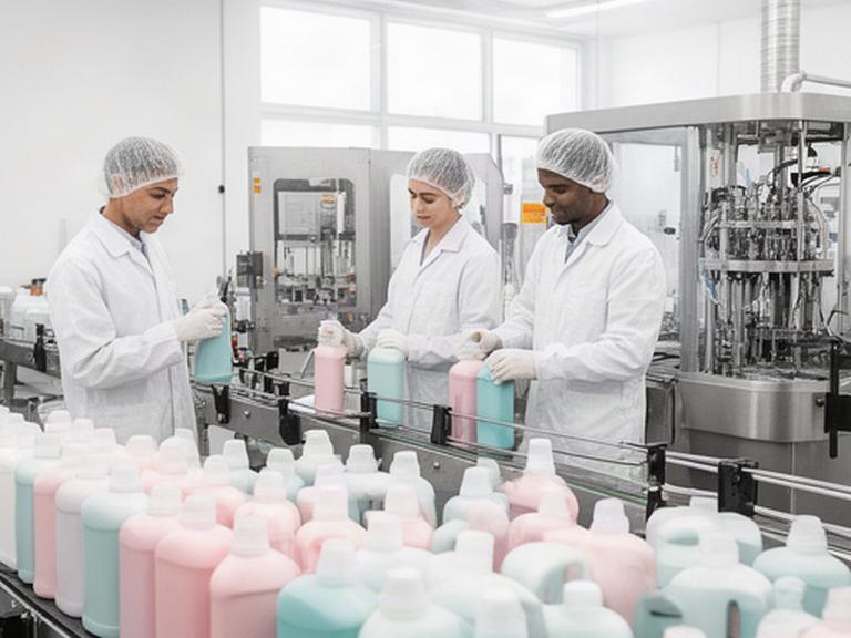 Mitarbeitende prüfen abgefüllte Reinigungsmittel in einem hellen Schweizer Produktionsbereich