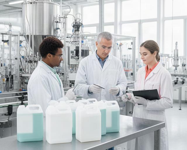 Mitarbeitende prüfen Reinigungsmittel und Gebinde in einer hellen Produktionsumgebung in St. Gallen