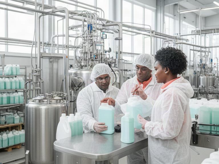 Mitarbeitende prüfen abgefüllte Reinigungsmittel in einer hellen Schweizer Produktionshalle