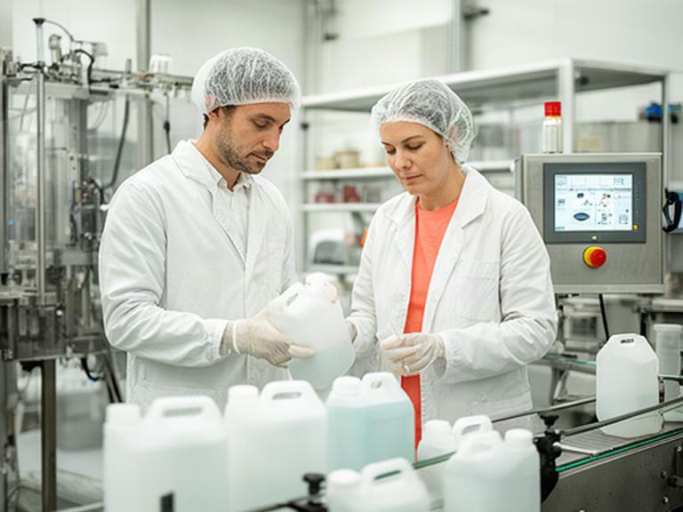 Mitarbeitende prüfen Kanister mit Reinigungsmittel in der Produktion von Wattbach Sauber GmbH in St. Gallen