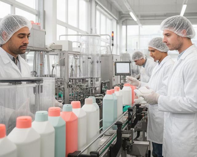 Mitarbeitende prüfen abgefüllte Reinigungsmittel in einer hellen Produktionshalle in St. Gallen